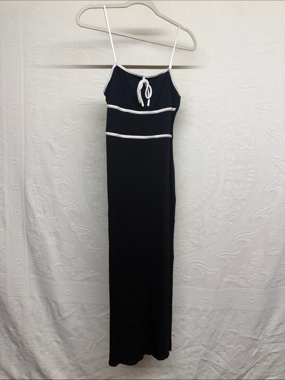 Black Maxi Slip Dress with White Trim and Spaghetti Straps